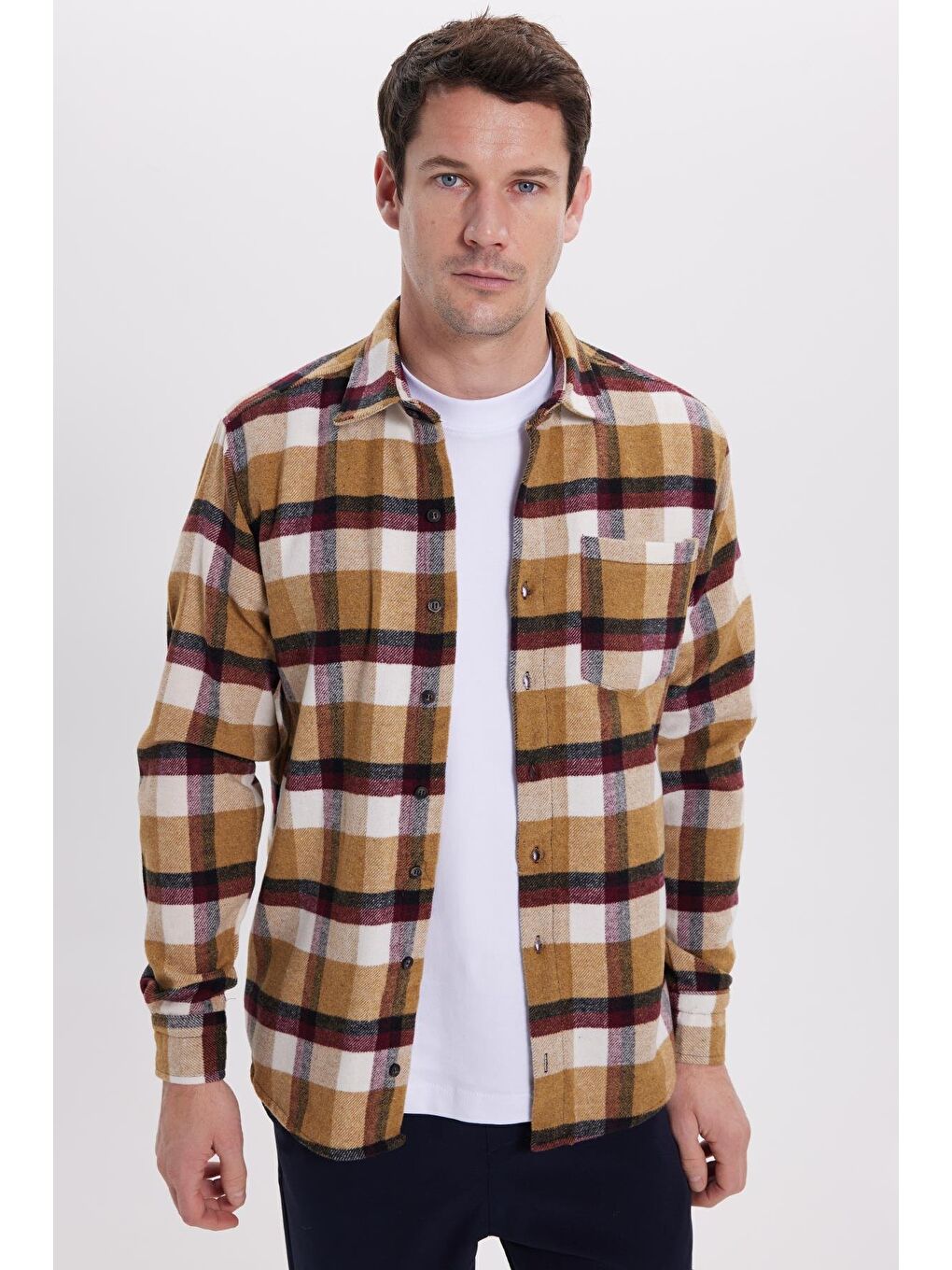 Bej Erkek Regular Fit Rahat Kesim Kışlık Kareli Oduncu Gömlek