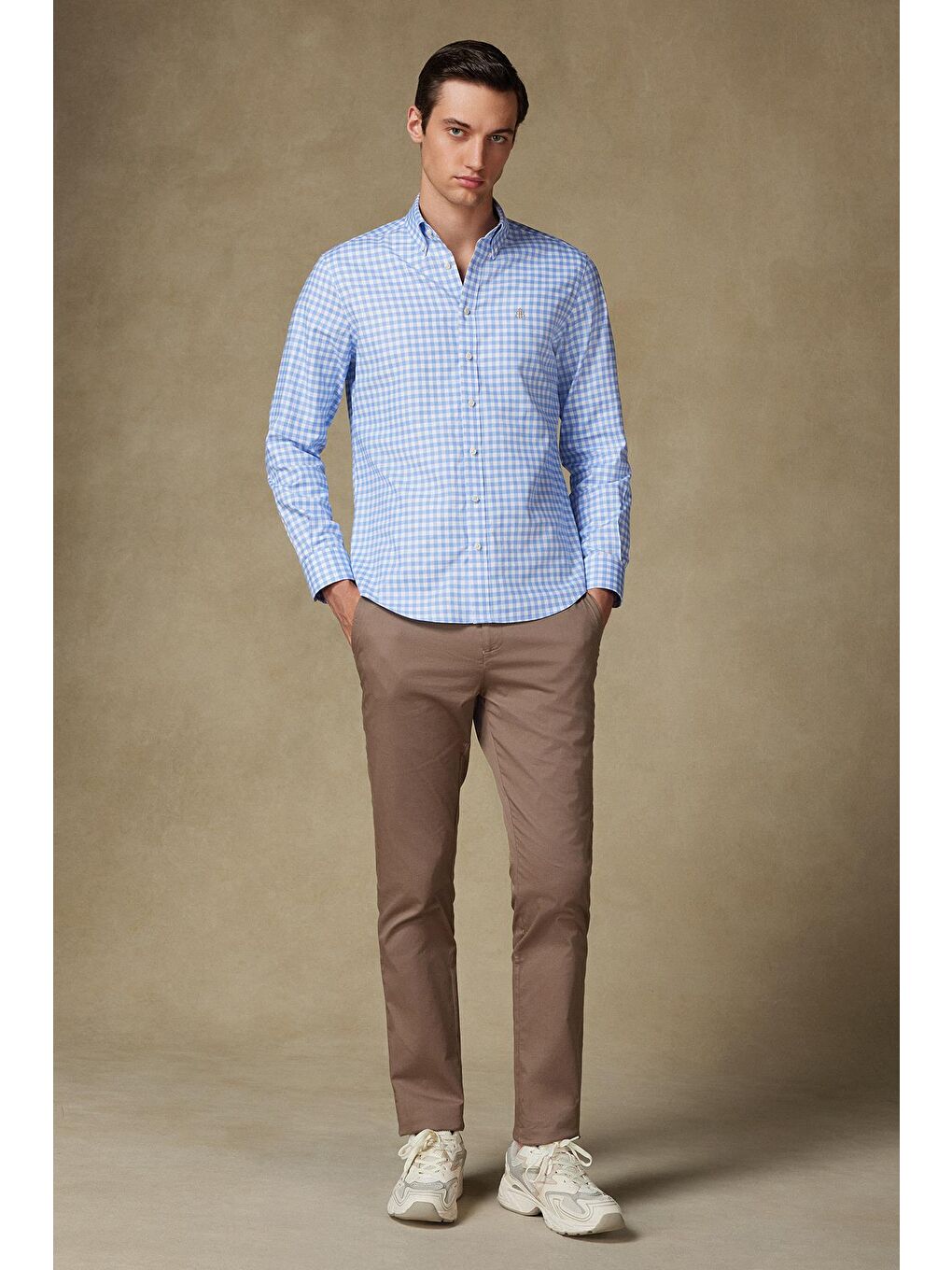 Lusso Twill Pamuklu Comfort Fit Açık Mavi Düğmeli Yaka Erkek Kareli %100 Pamuk Gömlek-3