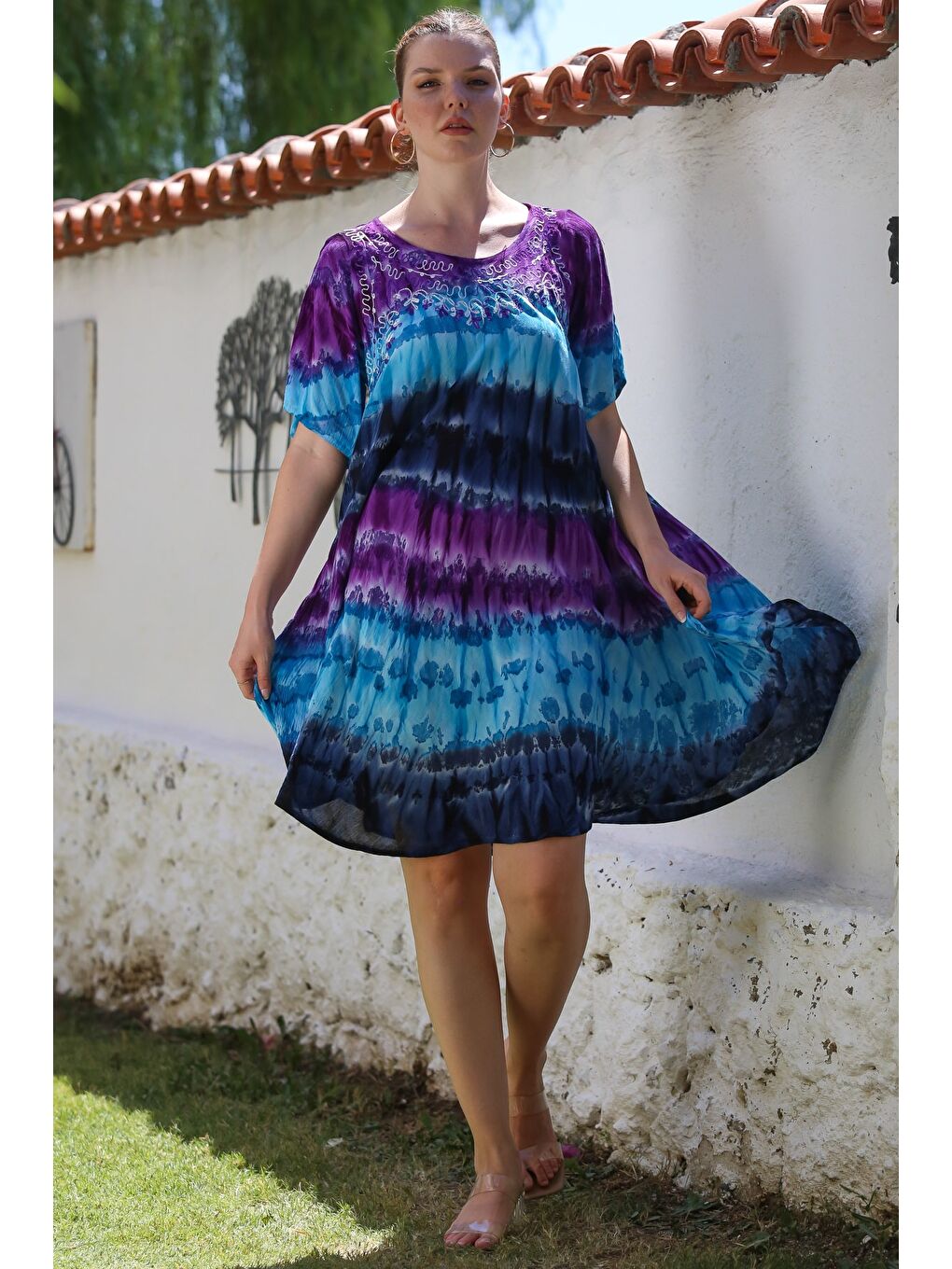 Mor Havuz Yaka Kısa Kol Batik Nakışlı Casual Dokuma Elbise 105 70-2