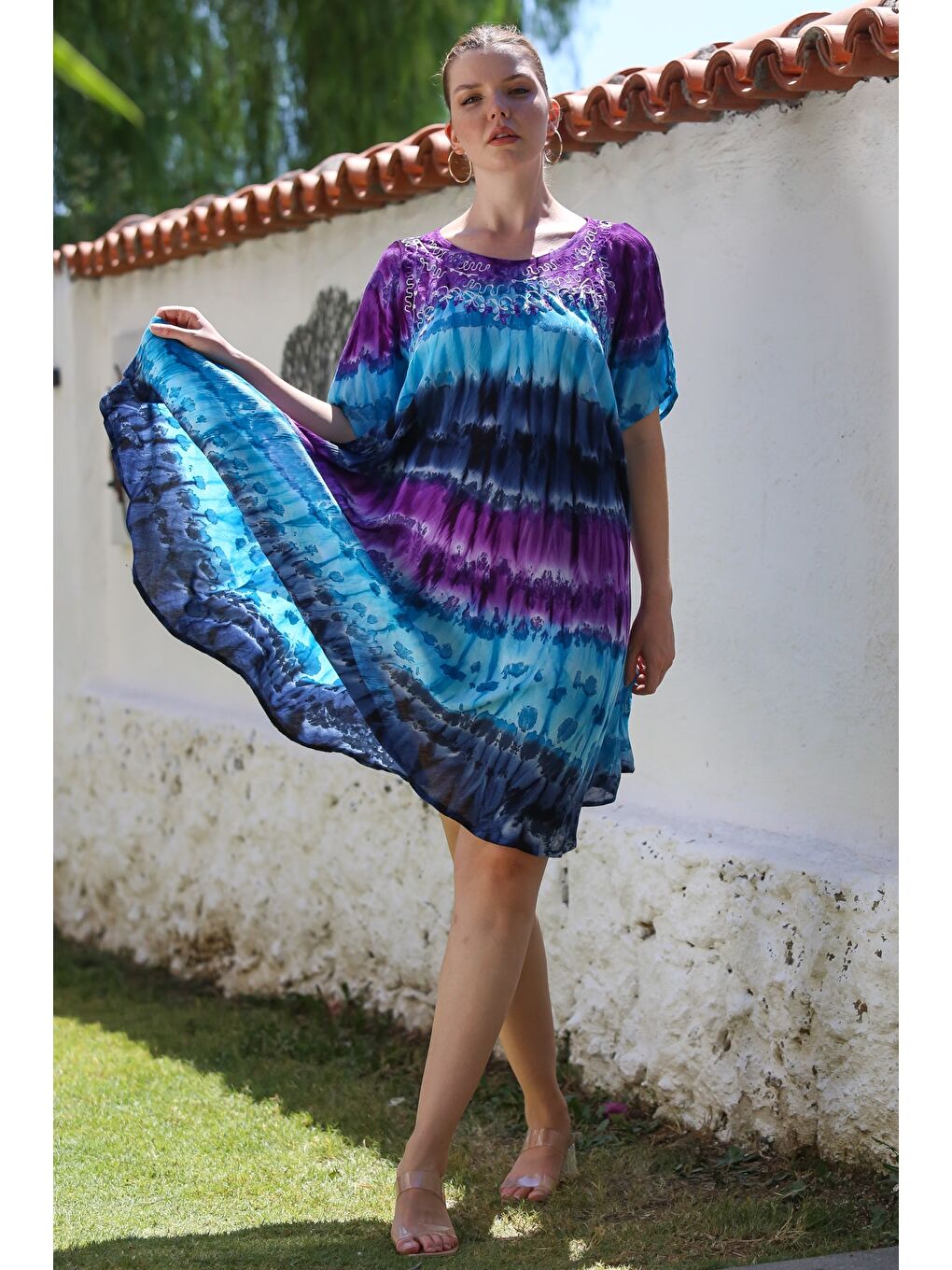 Mor Havuz Yaka Kısa Kol Batik Nakışlı Casual Dokuma Elbise 105 70-3