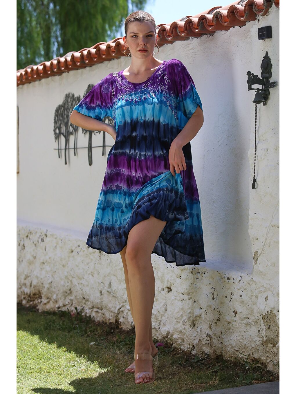 Mor Havuz Yaka Kısa Kol Batik Nakışlı Casual Dokuma Elbise 105 70-4