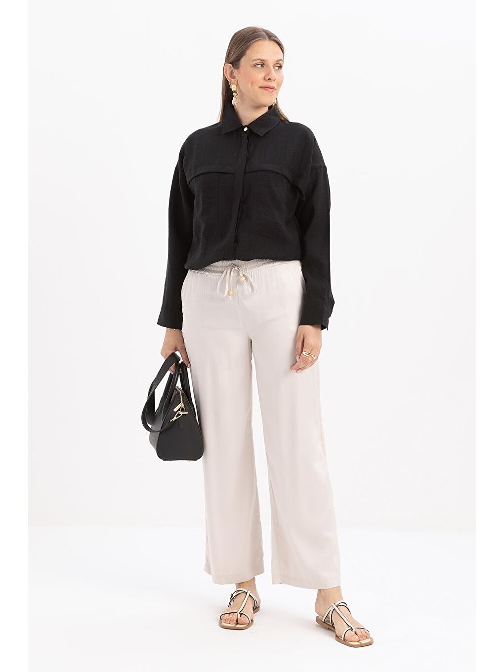 Bej Taş-Beli Lastikli Pantolon