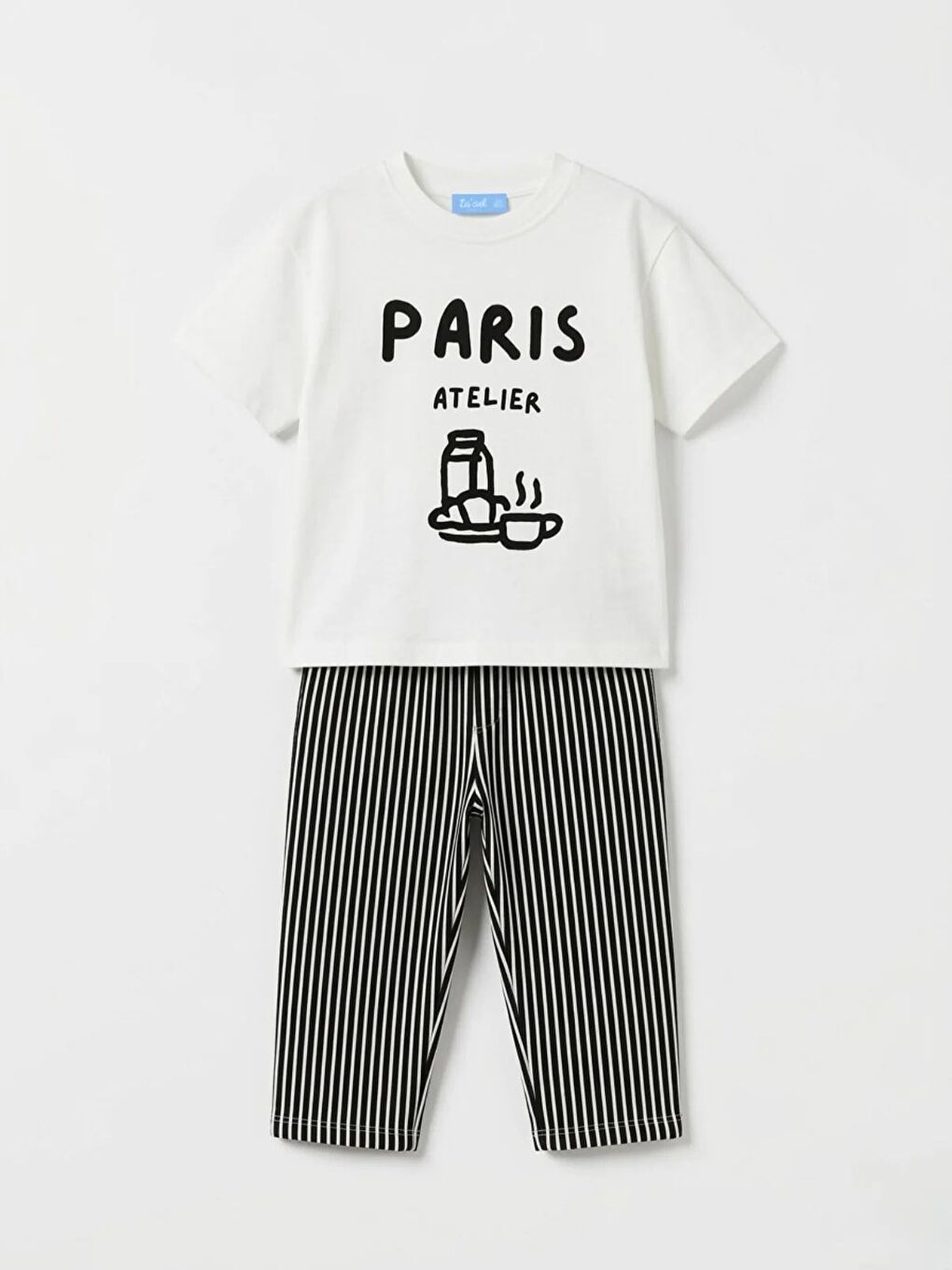 Karışık Unisex Çocuk Pamuklu Ekru Baskılı Tişört Çizgili Takım - Siyah Beyaz