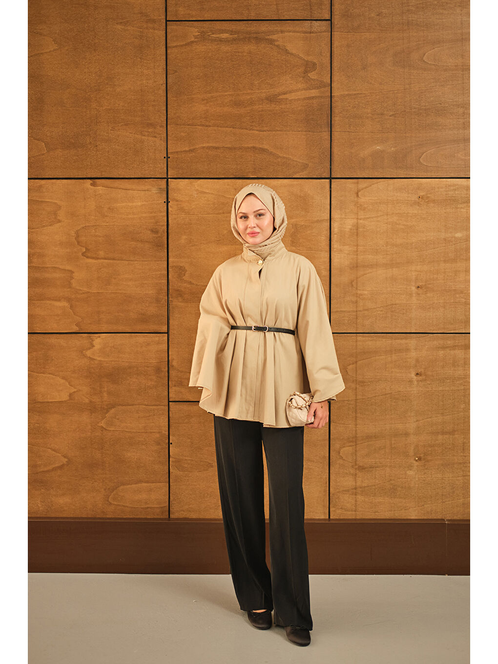 Kadın Kemerli Gabardin Panço Bej-3