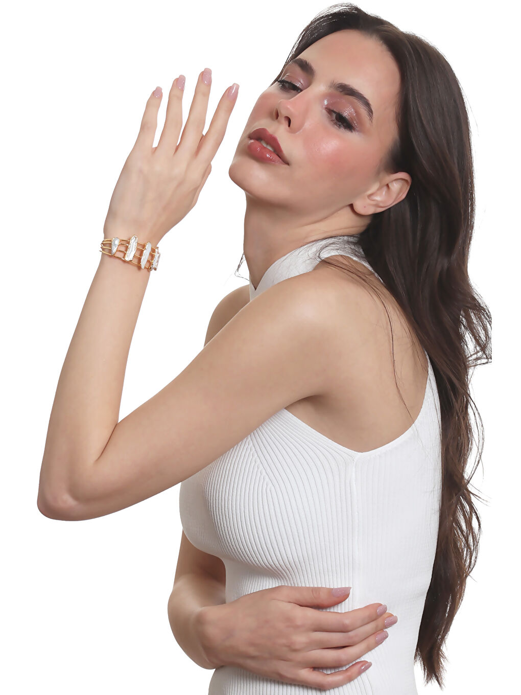 Sarı Kadın İnci Detaylı Dört Telli El Yapımı Tasarım Bileklik-7