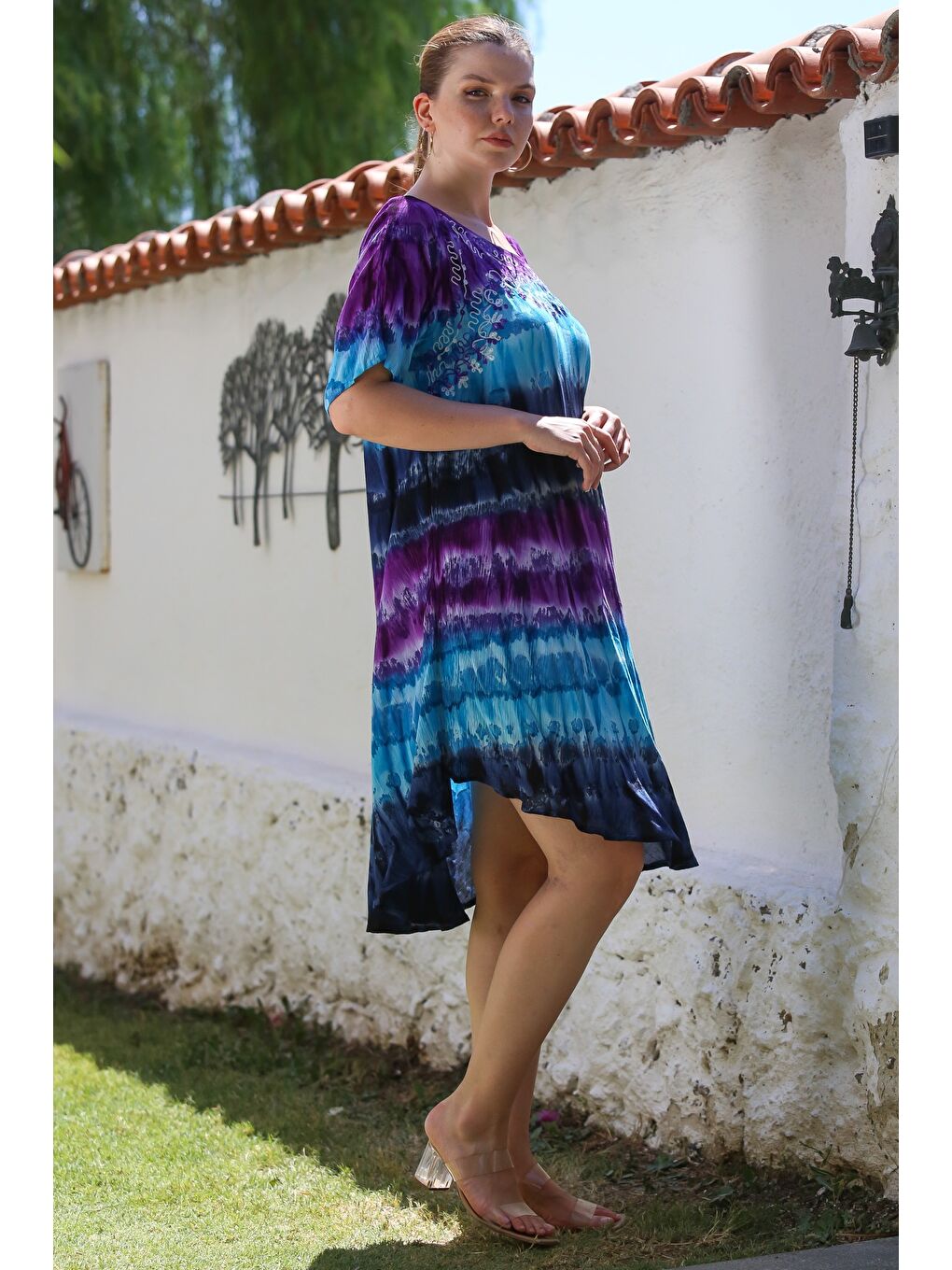 Mor Havuz Yaka Kısa Kol Batik Nakışlı Casual Dokuma Elbise 105 70-5