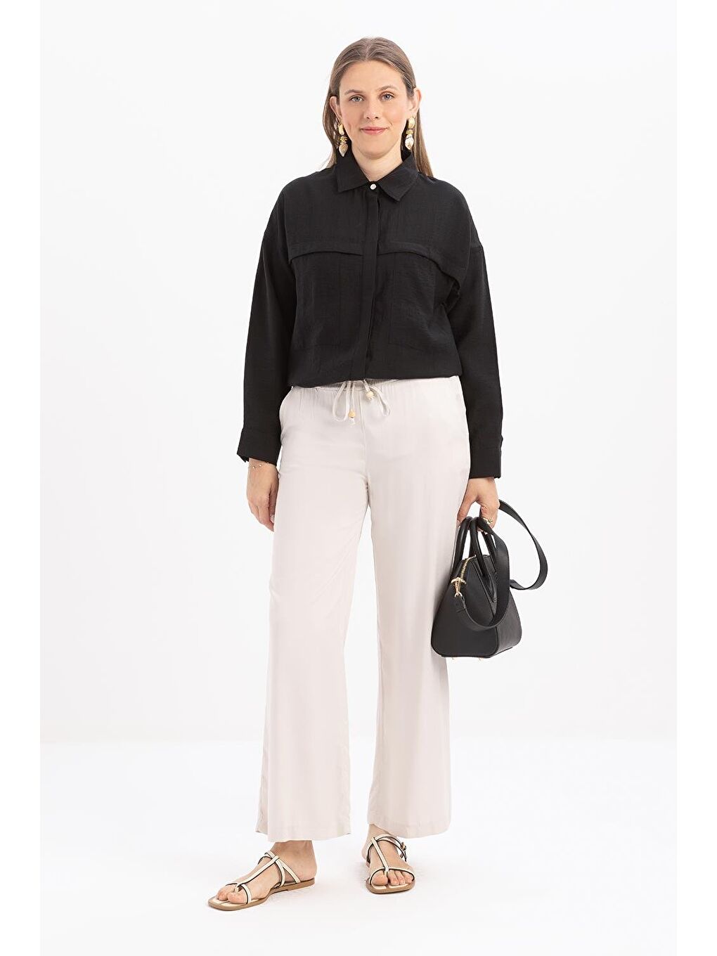 Bej Taş-Beli Lastikli Pantolon-1