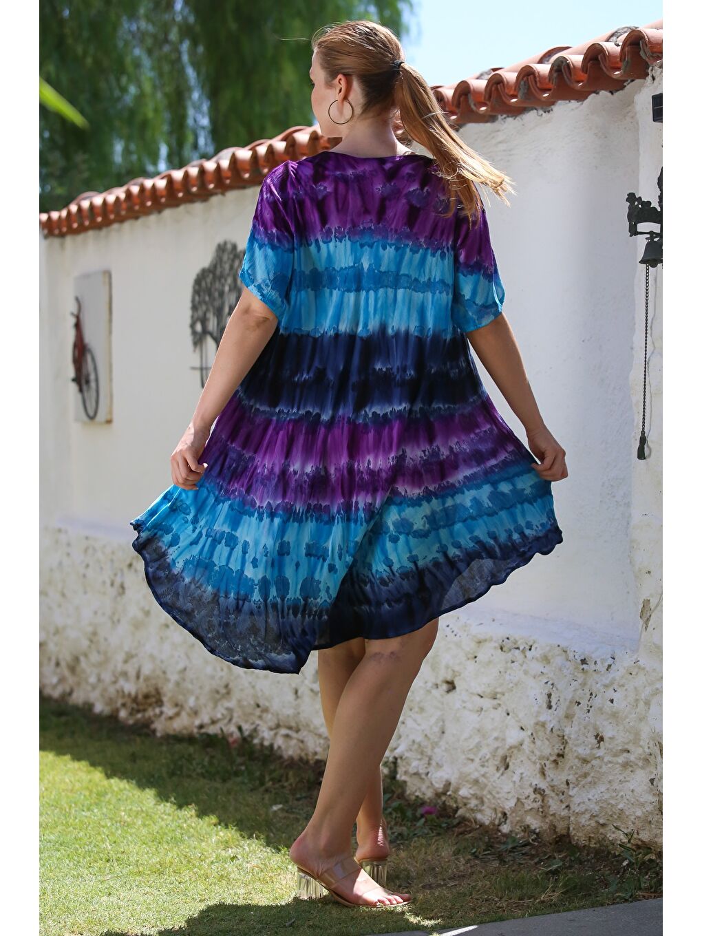 Mor Havuz Yaka Kısa Kol Batik Nakışlı Casual Dokuma Elbise 105 70-6