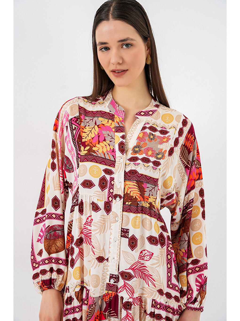 Kadın Desenli Uzun Tesettür Elbise 2585 - E. Turuncu-1