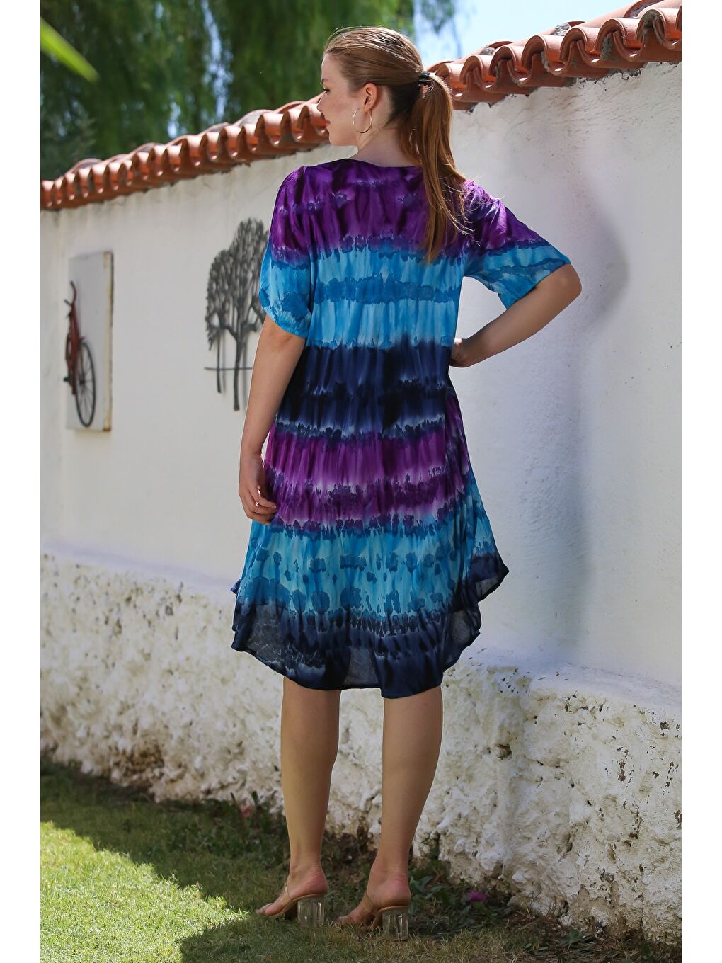 Mor Havuz Yaka Kısa Kol Batik Nakışlı Casual Dokuma Elbise 105 70-7