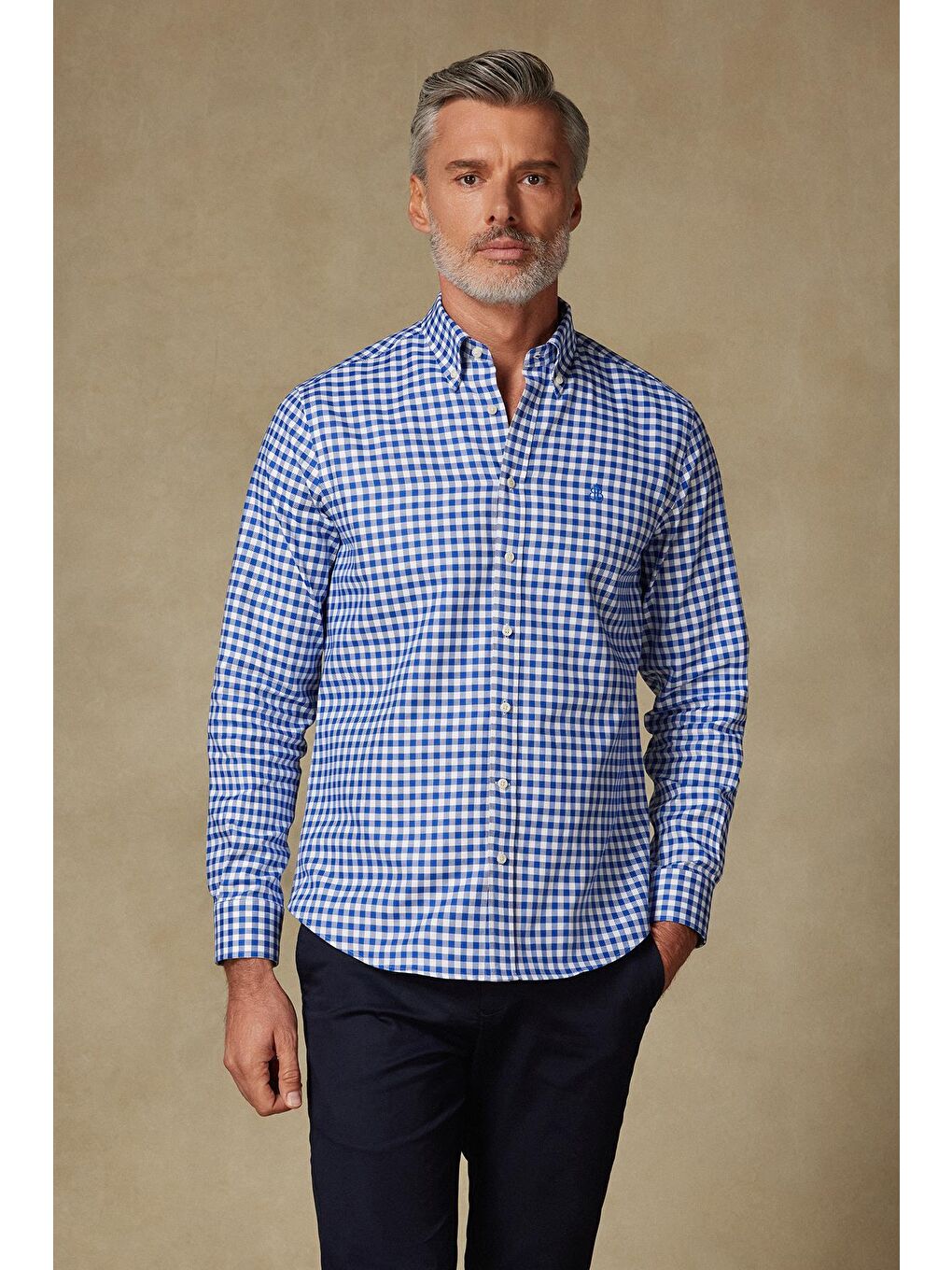 Lusso Twill Pamuklu Comfort Fit Lacivert Düğmeli Yaka Erkek Kareli %100 Pamuk Gömlek