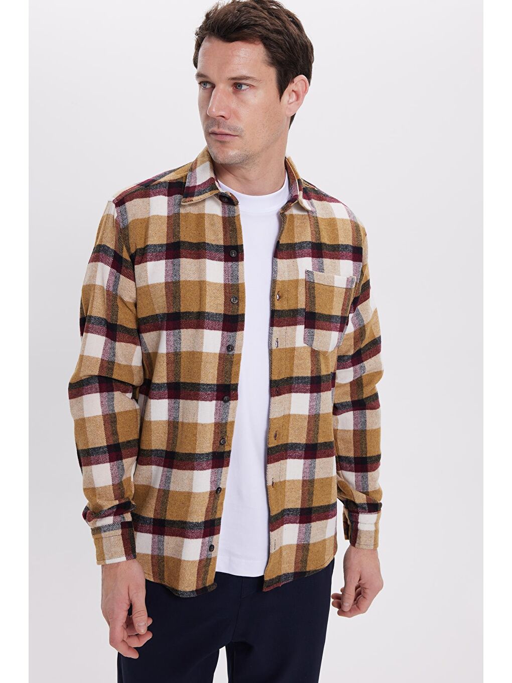 Bej Erkek Regular Fit Rahat Kesim Kışlık Kareli Oduncu Gömlek-1