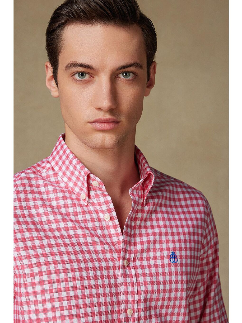 Lusso Twill Pamuklu Comfort Fit Pembe Düğmeli Yaka Erkek Kareli %100 Pamuk Gömlek-2