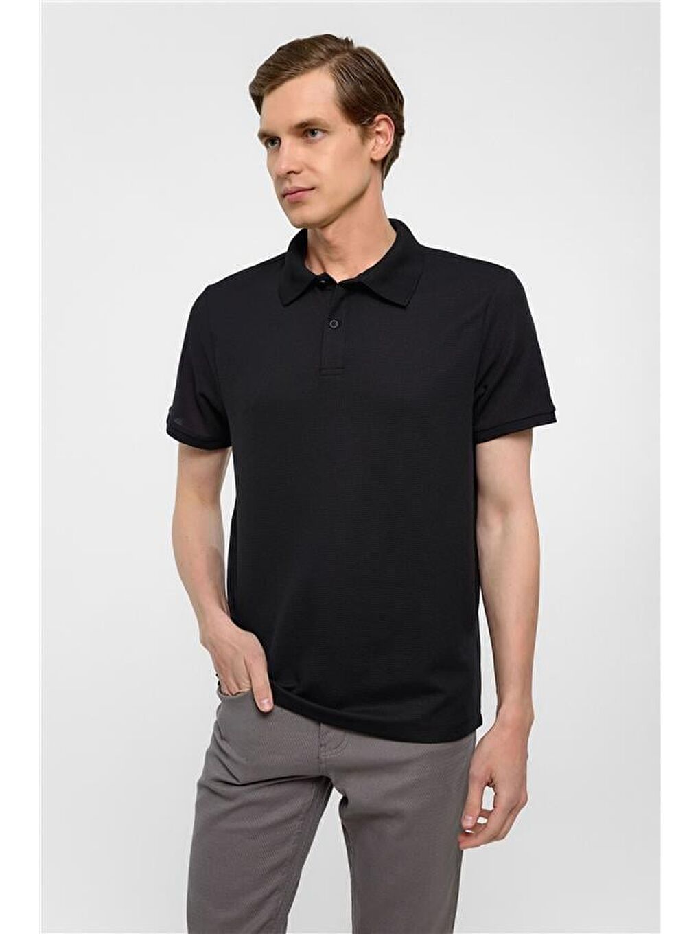 Siyah Regular Armürlü Polo Yaka Tişört-1