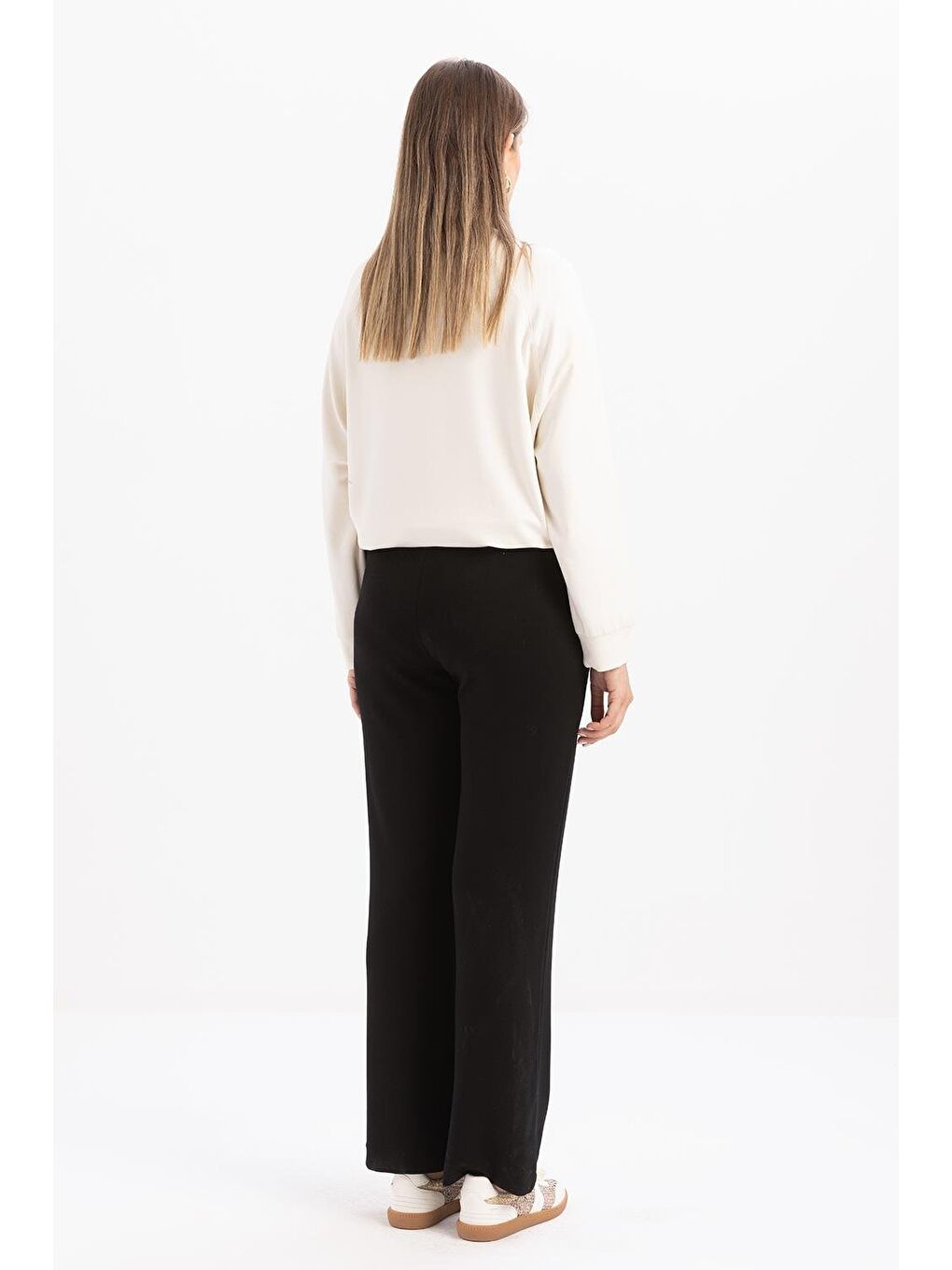 Siyah-Bol Paça Yırtmaçlı Elastanlı Örme Pantolon-3