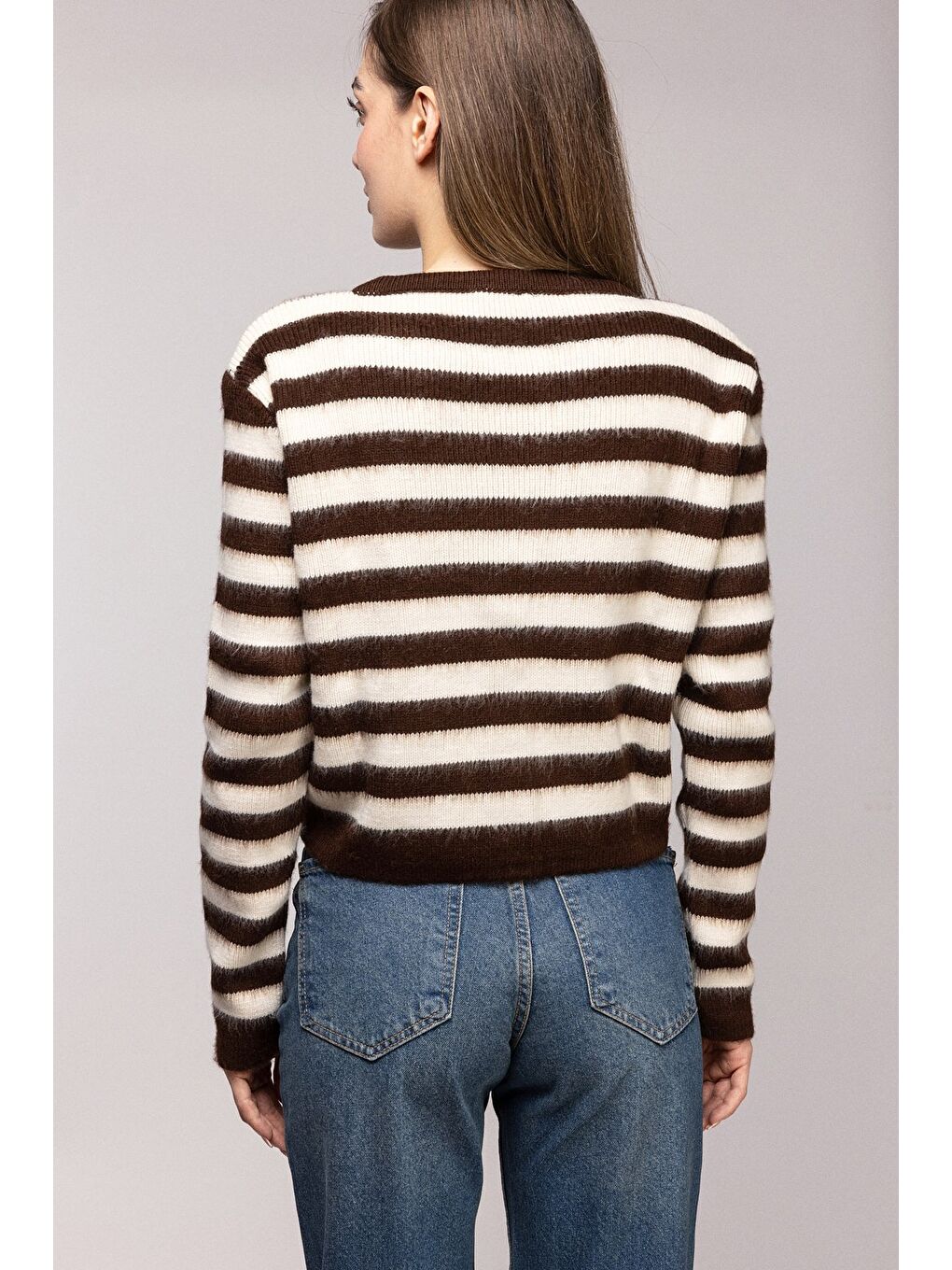 Kahverengi Çizgili Gold Düğmeli Bisiklet Yaka Hırka-4