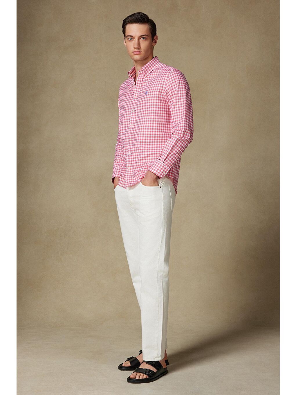 Lusso Twill Pamuklu Comfort Fit Pembe Düğmeli Yaka Erkek Kareli %100 Pamuk Gömlek-3