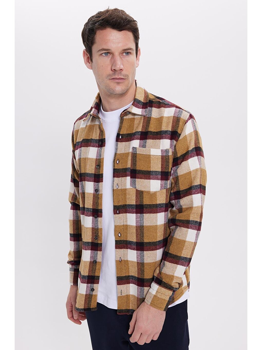 Bej Erkek Regular Fit Rahat Kesim Kışlık Kareli Oduncu Gömlek-4