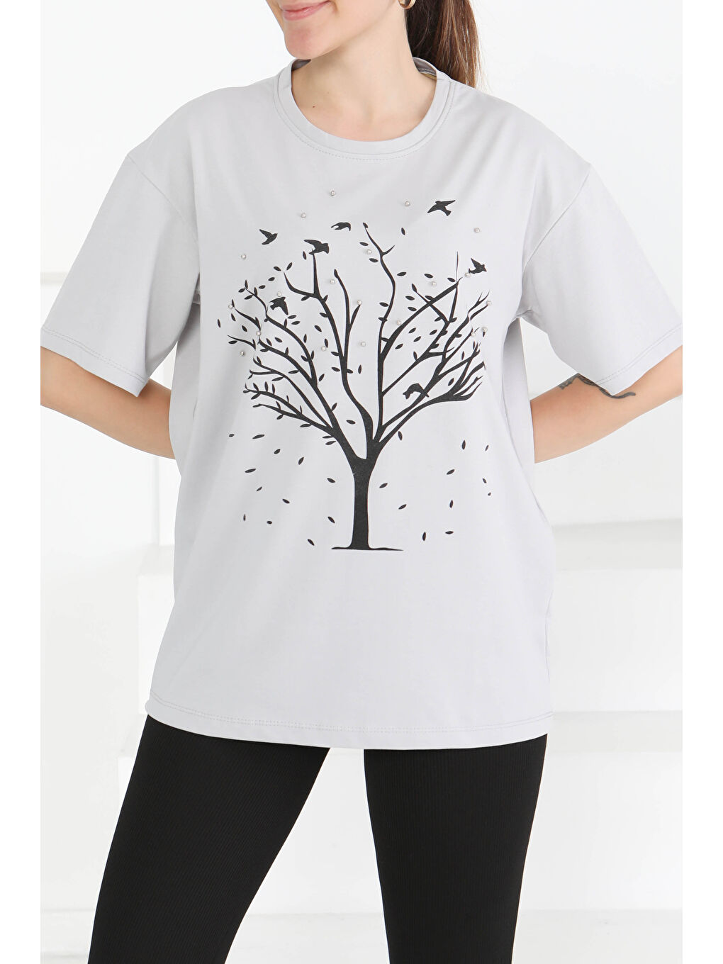 Bej Baskılı Taşlı T-Şhirt Taş - 27375-1