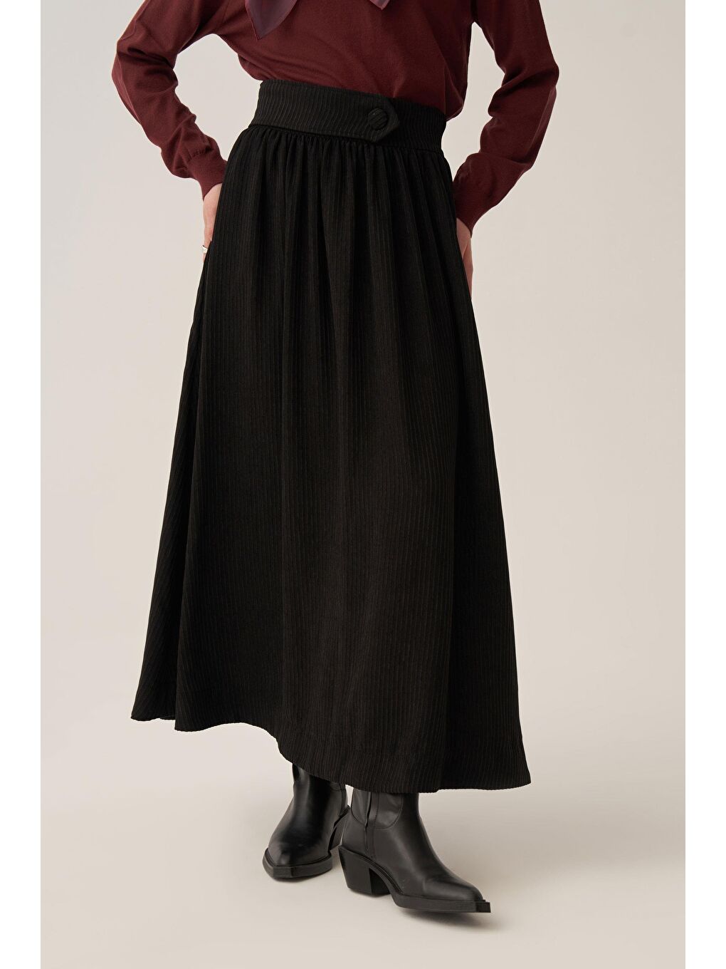 Siyah-Fitilli Kadife Kloş Etek-4