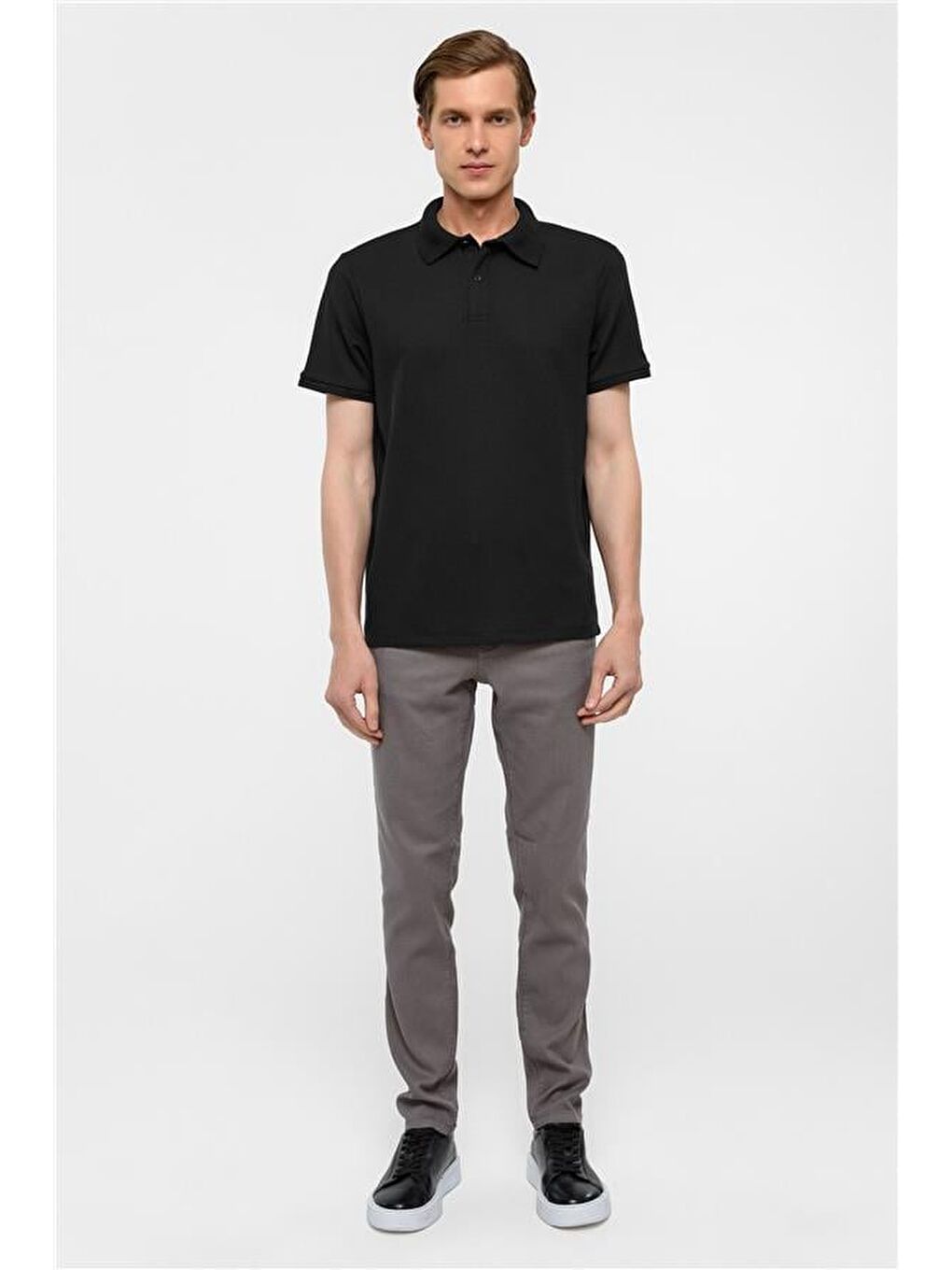 Siyah Regular Armürlü Polo Yaka Tişört-5