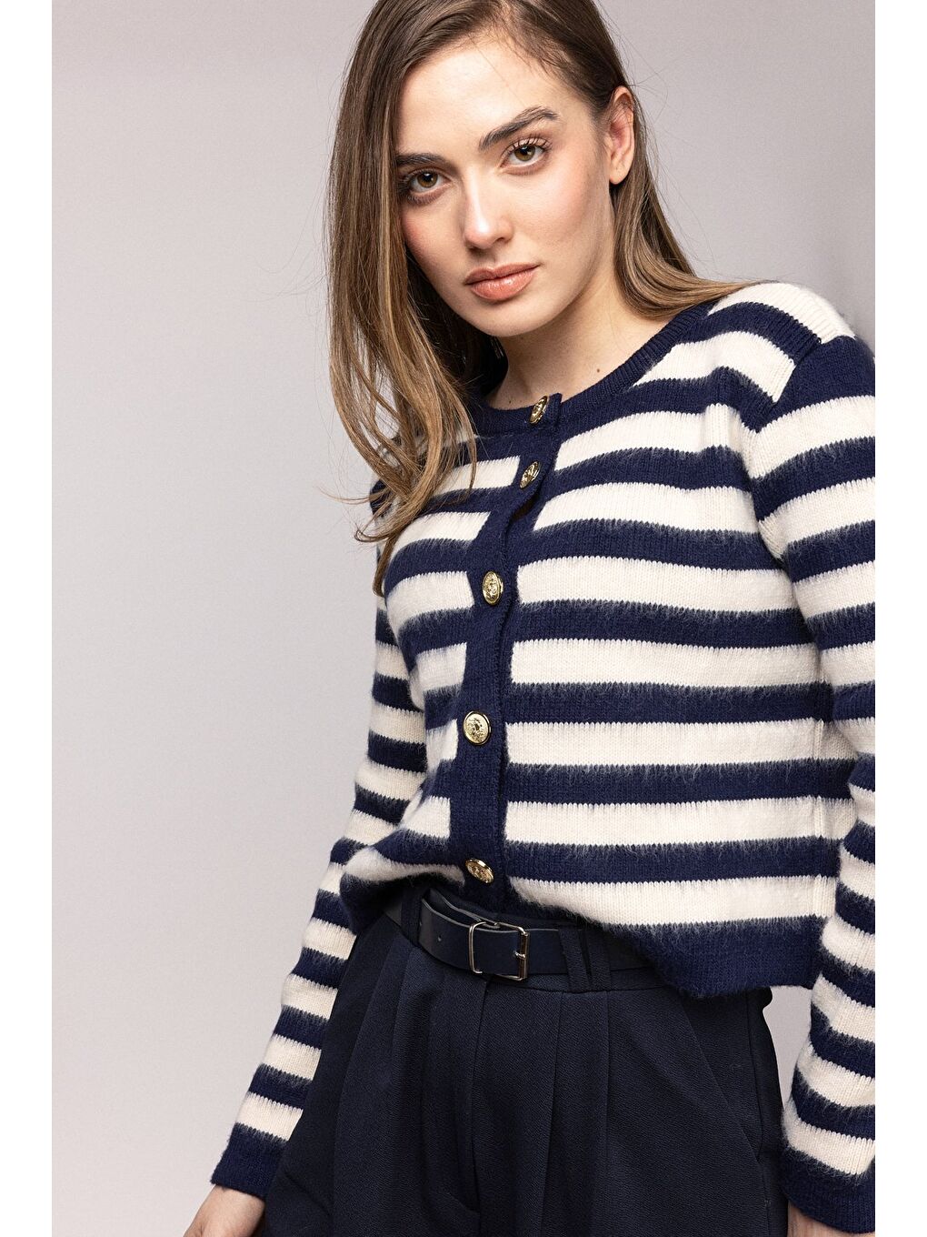 Lacivert Çizgili Gold Düğmeli Bisiklet Yaka Hırka-1
