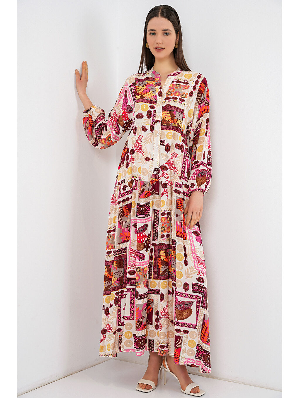 Kadın Desenli Uzun Tesettür Elbise 2585 - E. Turuncu-2