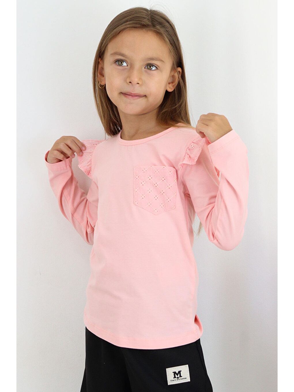 Kız Çocuk Uzun Kollu Tişört Basic Güpürlü Pembe (3-6 Yaş)-1