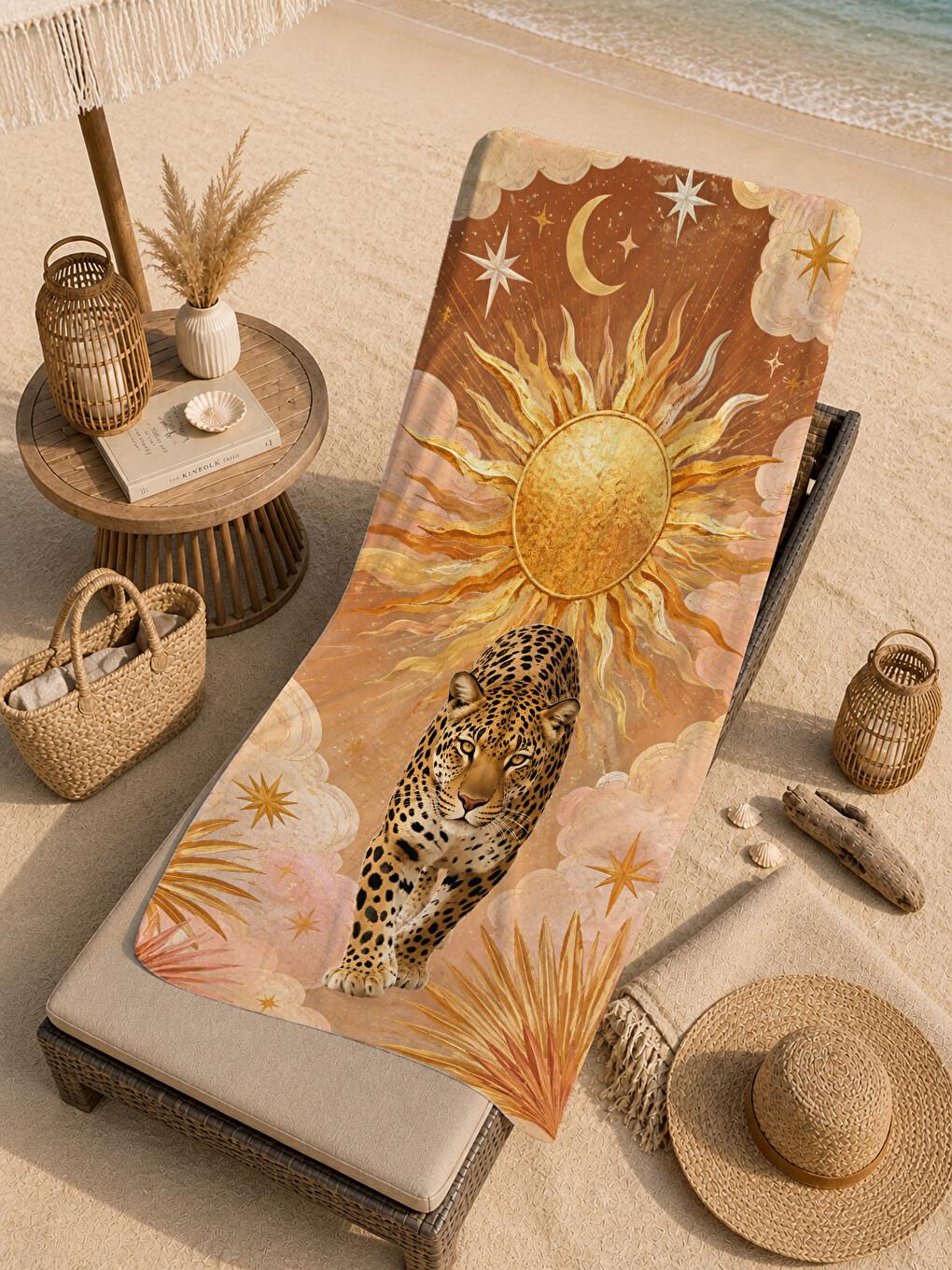 Yeşil Maximalist Leopar Güneş Ve Botanik Desenli 70x150 Plaj Havlusu - Dijital Baskılı Banyo Havlusu-3