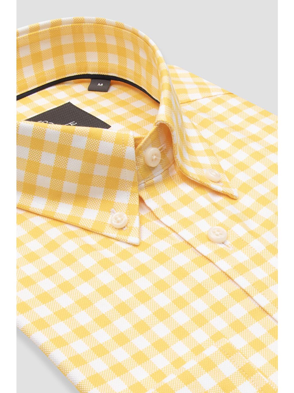 Lusso Twill Pamuklu Comfort Fit Sarı Düğmeli Yaka Erkek Kareli %100 Pamuk Gömlek-1