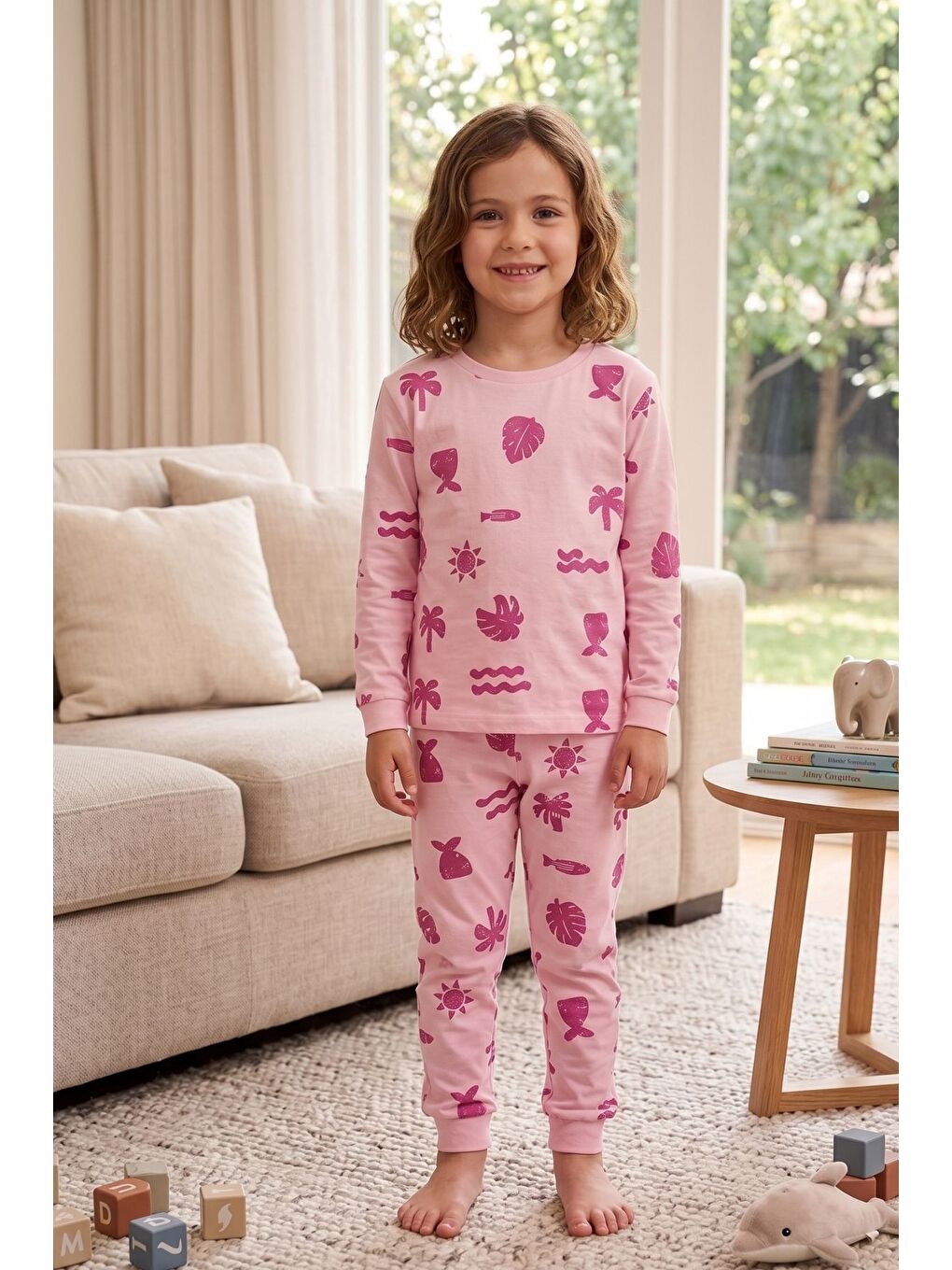 Deniz Temalı Pembe Renk %100 Pamuk Kız Çocuk Pijama Takımı