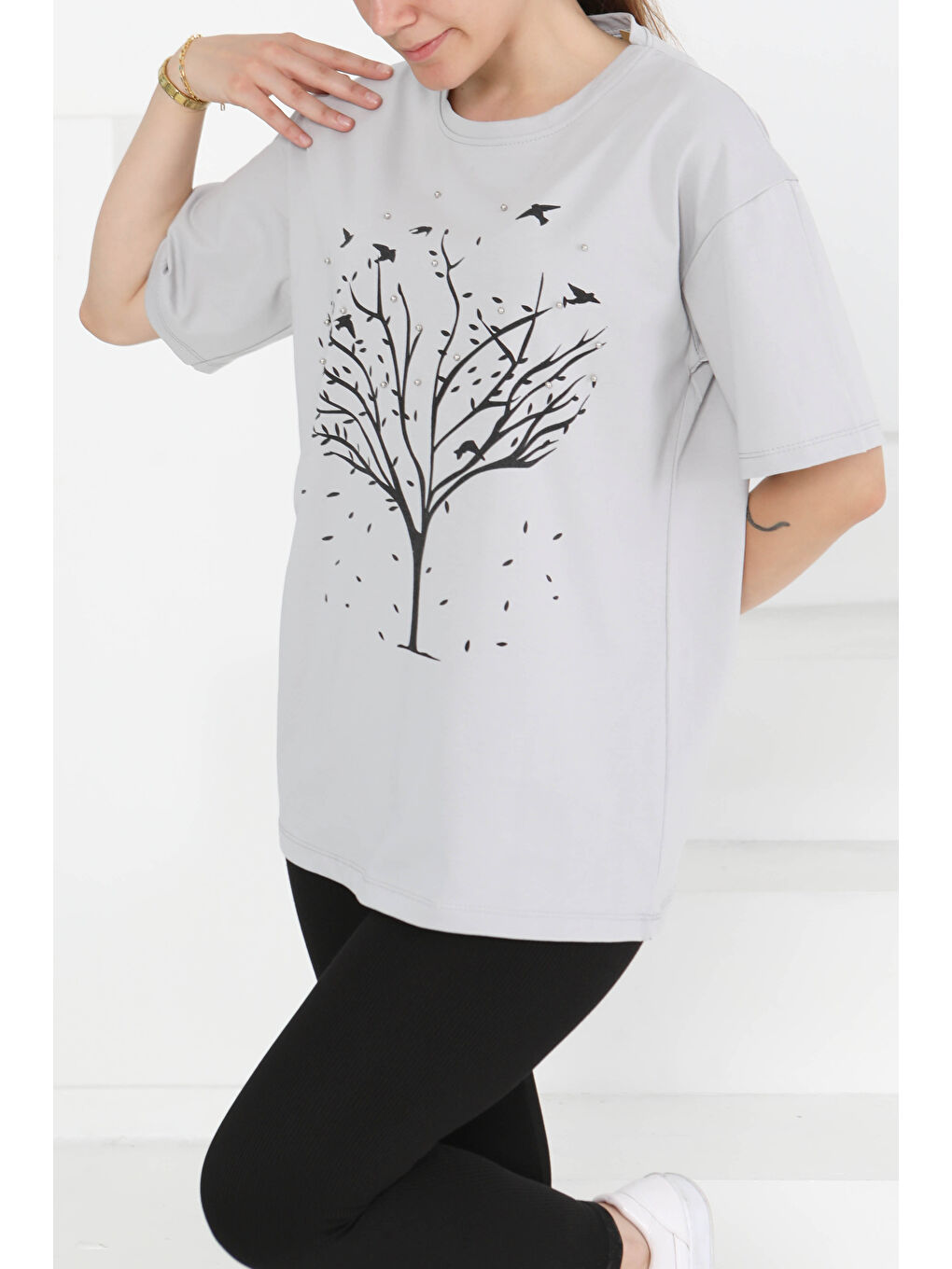 Bej Baskılı Taşlı T-Şhirt Taş - 27375-2