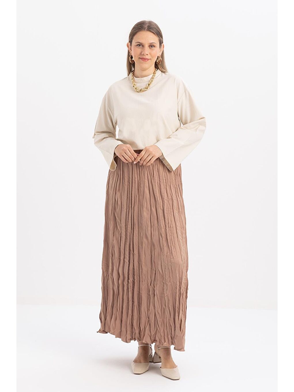 Bej Vizon-Lastikli Basic Etek-1