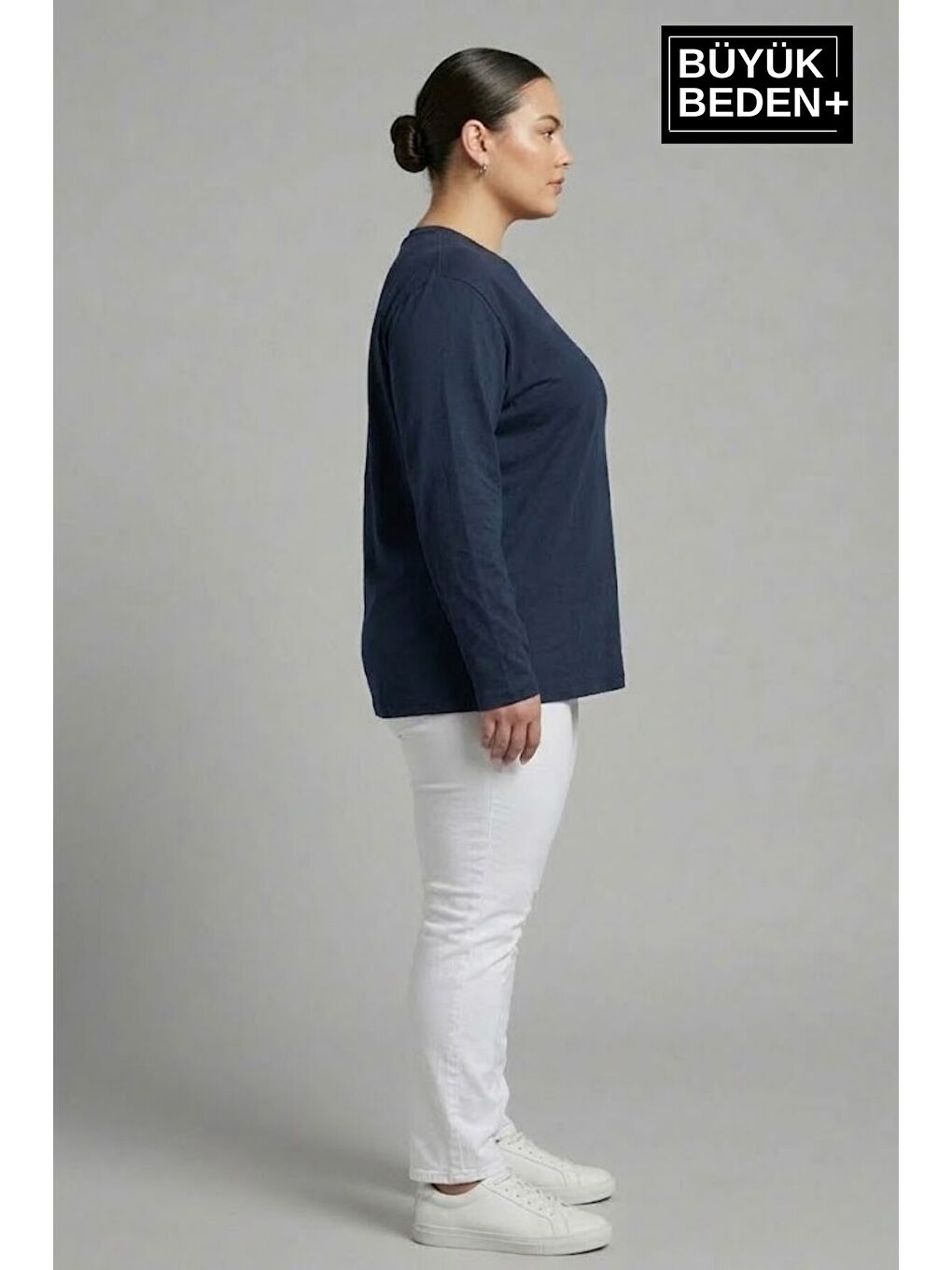 Lacivert Kadın Büyük Beden 2'li Set Uzun Kollu 2 İplik Bisiklet Yaka Tişört SPR26BEA942+2-1