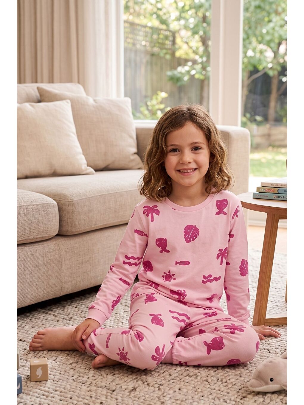 Deniz Temalı Pembe Renk %100 Pamuk Kız Çocuk Pijama Takımı-1