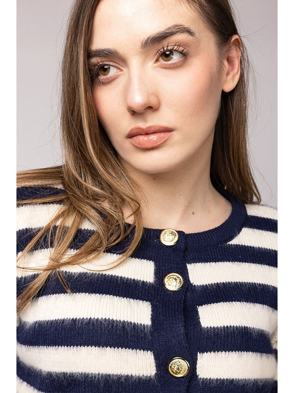 Lacivert Çizgili Gold Düğmeli Bisiklet Yaka Hırka-3