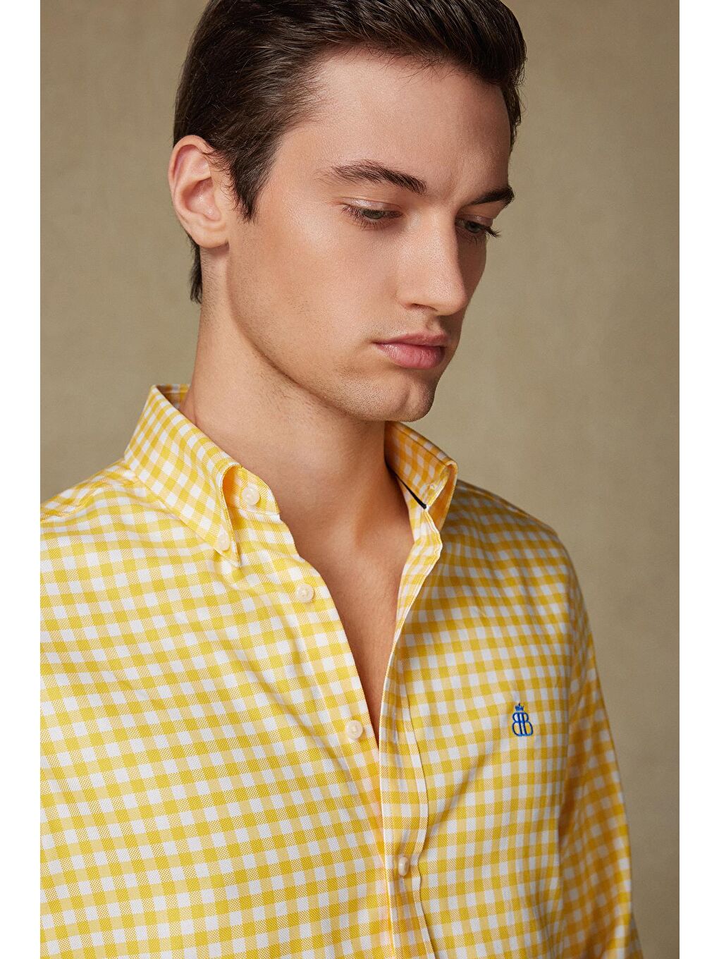 Lusso Twill Pamuklu Comfort Fit Sarı Düğmeli Yaka Erkek Kareli %100 Pamuk Gömlek-2