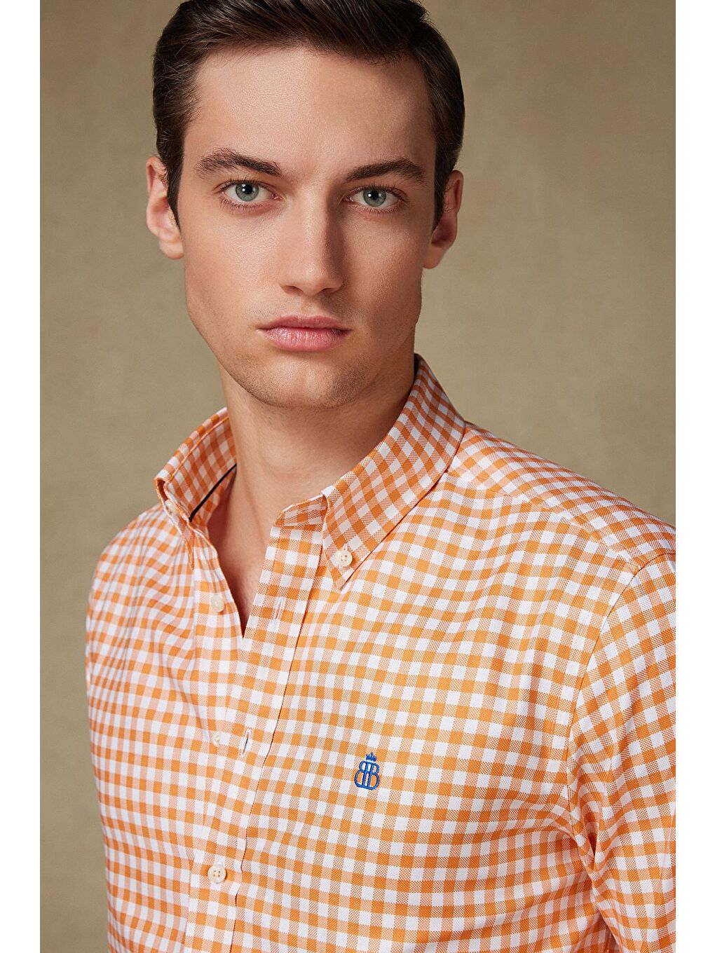 Lusso Twill Pamuklu Comfort Fit Turuncu Düğmeli Yaka Erkek Kareli %100 Pamuk Gömlek-2