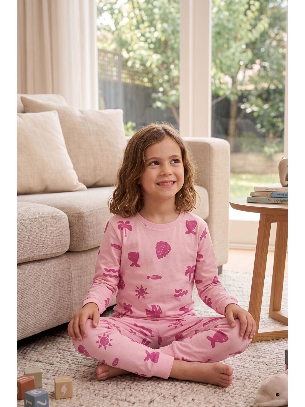 Deniz Temalı Pembe Renk %100 Pamuk Kız Çocuk Pijama Takımı-2