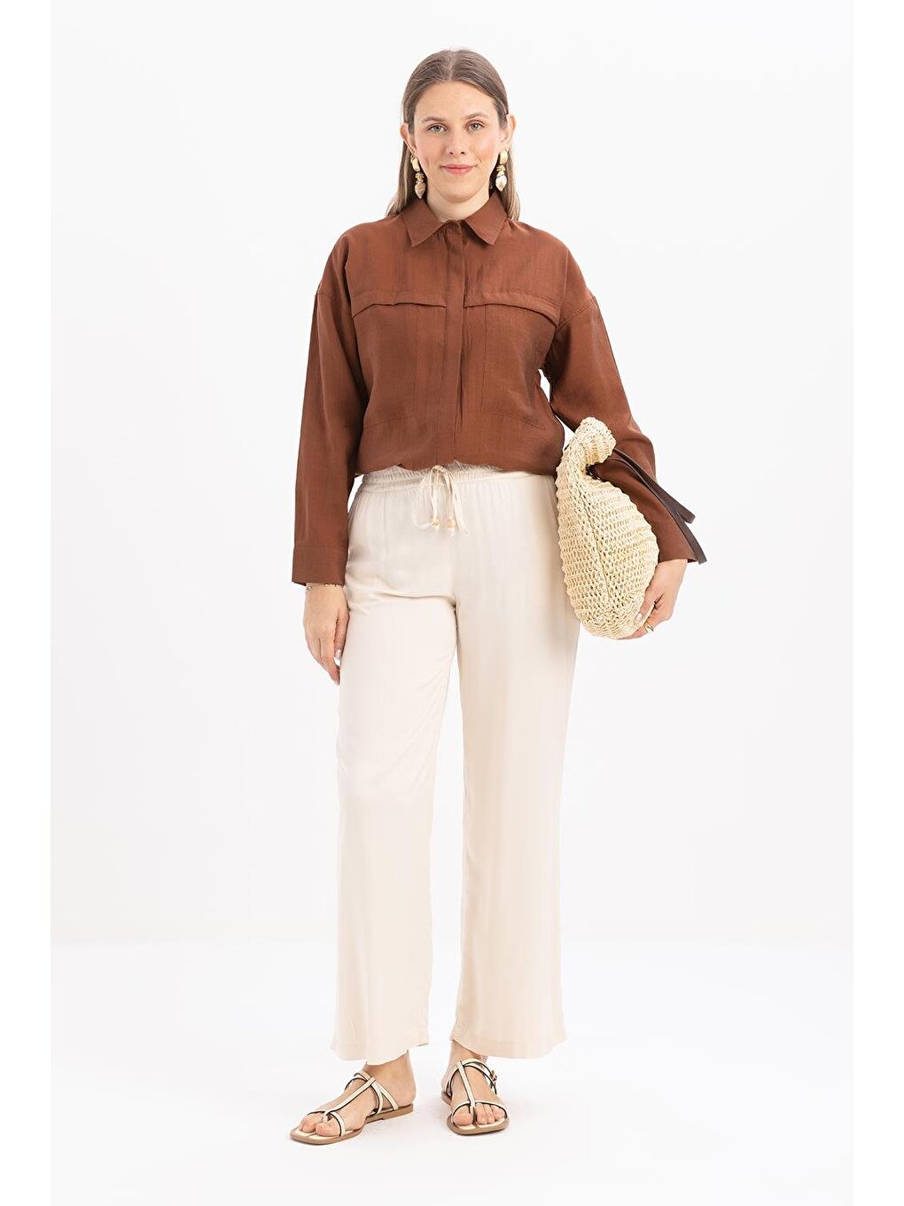 Ekru-Beli Lastikli Pantolon-1