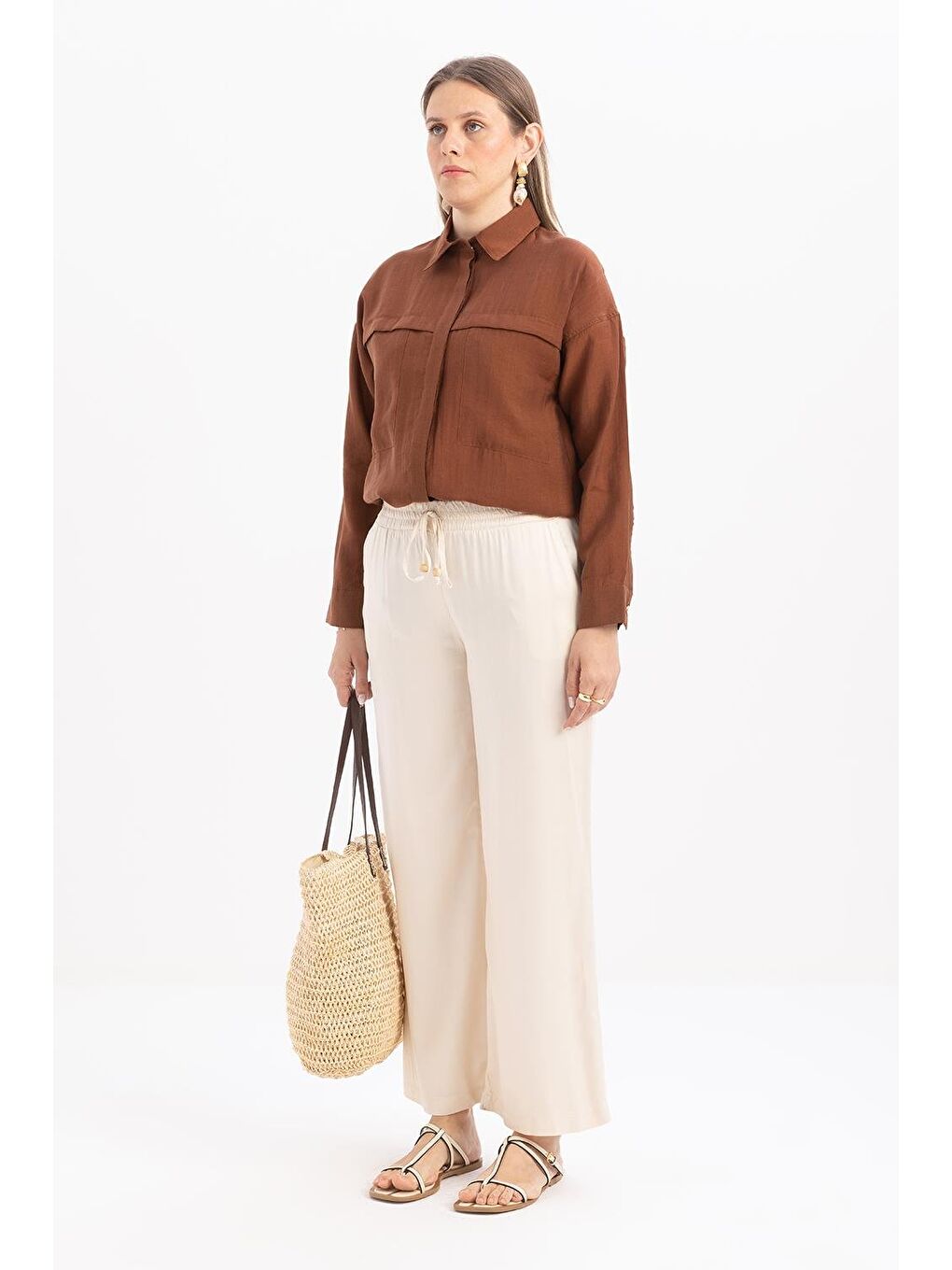 Ekru-Beli Lastikli Pantolon-2