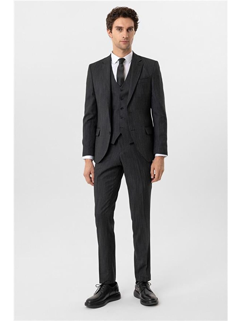 Siyah Slim Desenli Mono Yaka 6 Drop Yelekli Takım Elbise-1