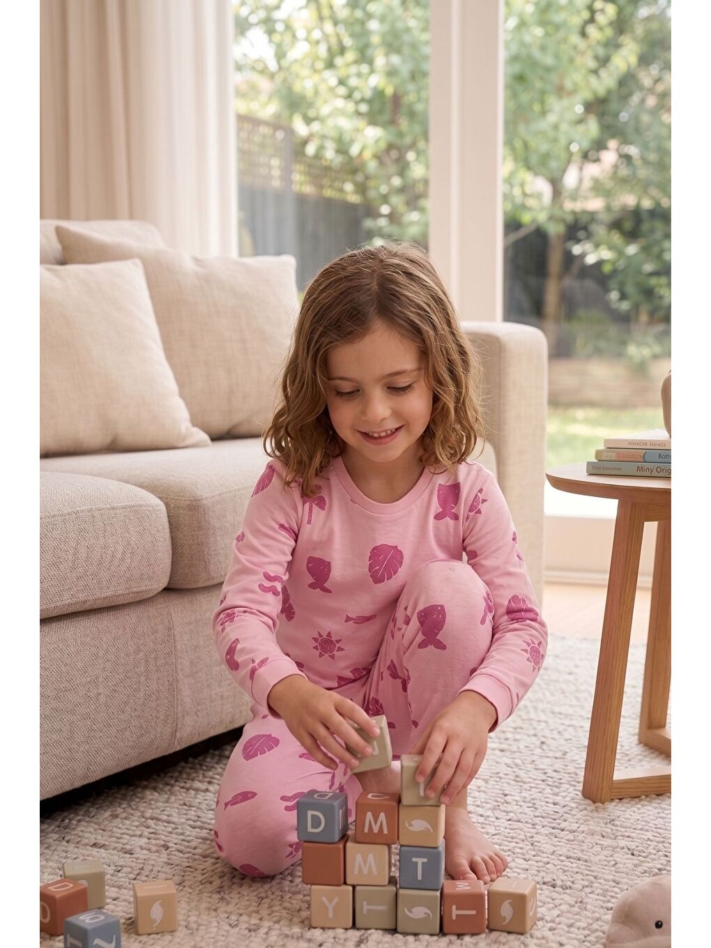 Deniz Temalı Pembe Renk %100 Pamuk Kız Çocuk Pijama Takımı-3