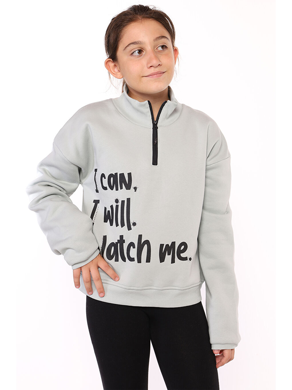 Yeşil Kız Çocuk Dik Yaka Fermuarlı Baskılı Sweatshirt