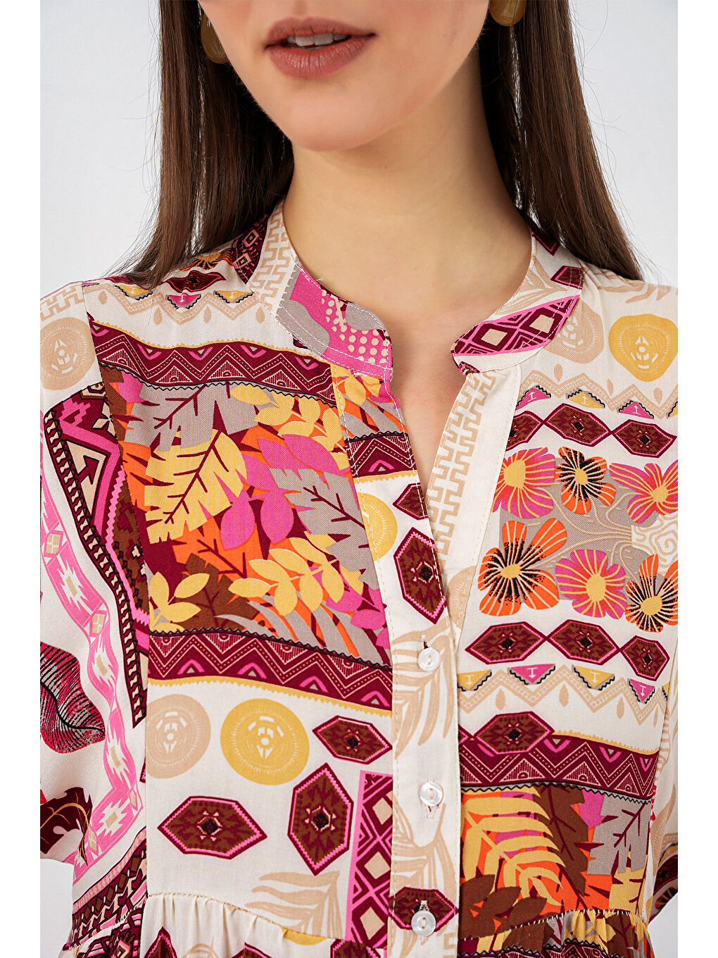 Kadın Desenli Uzun Tesettür Elbise 2585 - E. Turuncu-3