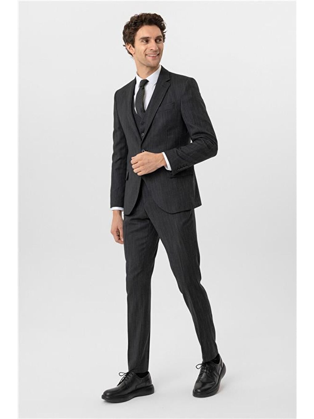 Siyah Slim Desenli Mono Yaka 6 Drop Yelekli Takım Elbise-2