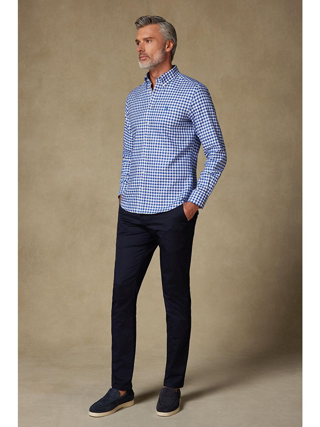 Lusso Twill Pamuklu Comfort Fit Lacivert Düğmeli Yaka Erkek Kareli %100 Pamuk Gömlek-3