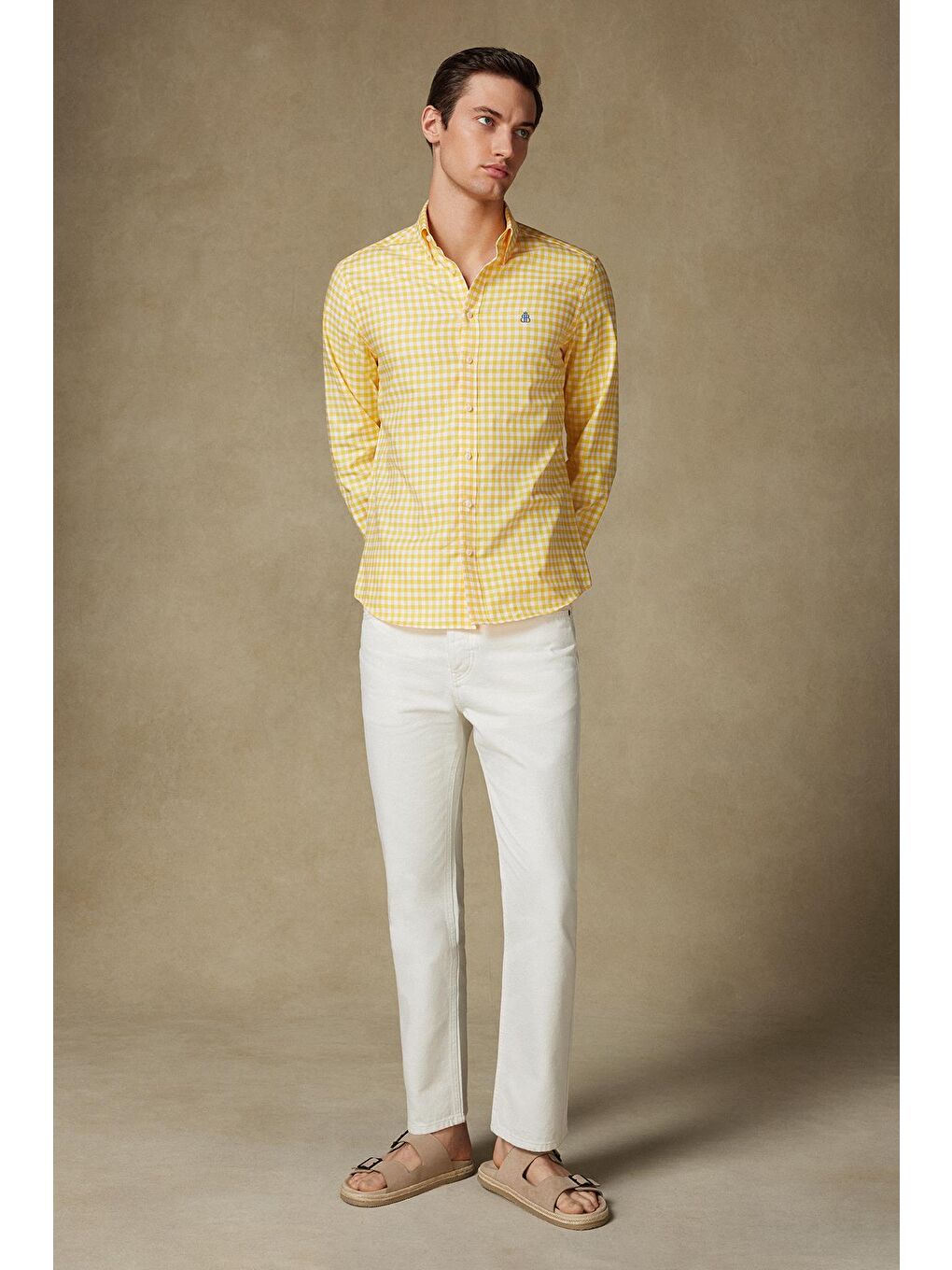 Lusso Twill Pamuklu Comfort Fit Sarı Düğmeli Yaka Erkek Kareli %100 Pamuk Gömlek-3