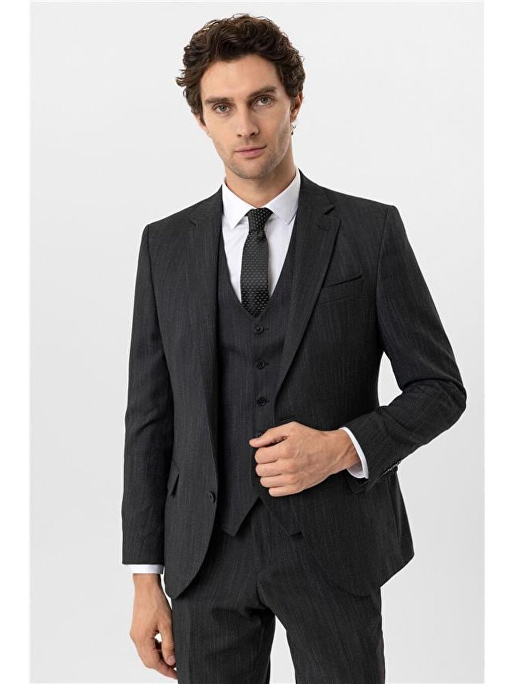 Siyah Slim Desenli Mono Yaka 6 Drop Yelekli Takım Elbise-3