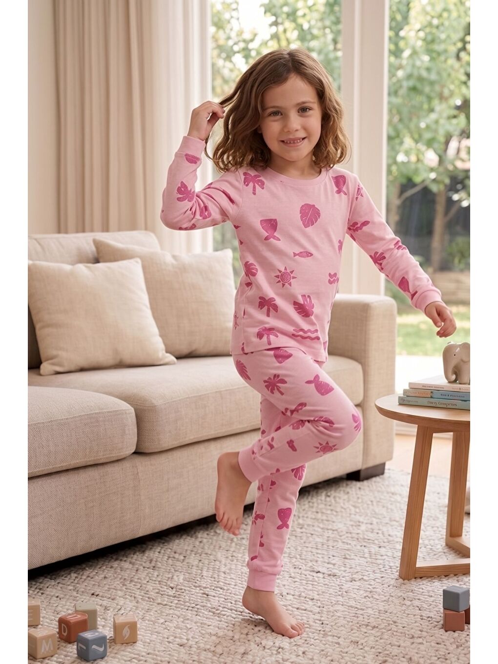 Deniz Temalı Pembe Renk %100 Pamuk Kız Çocuk Pijama Takımı-4